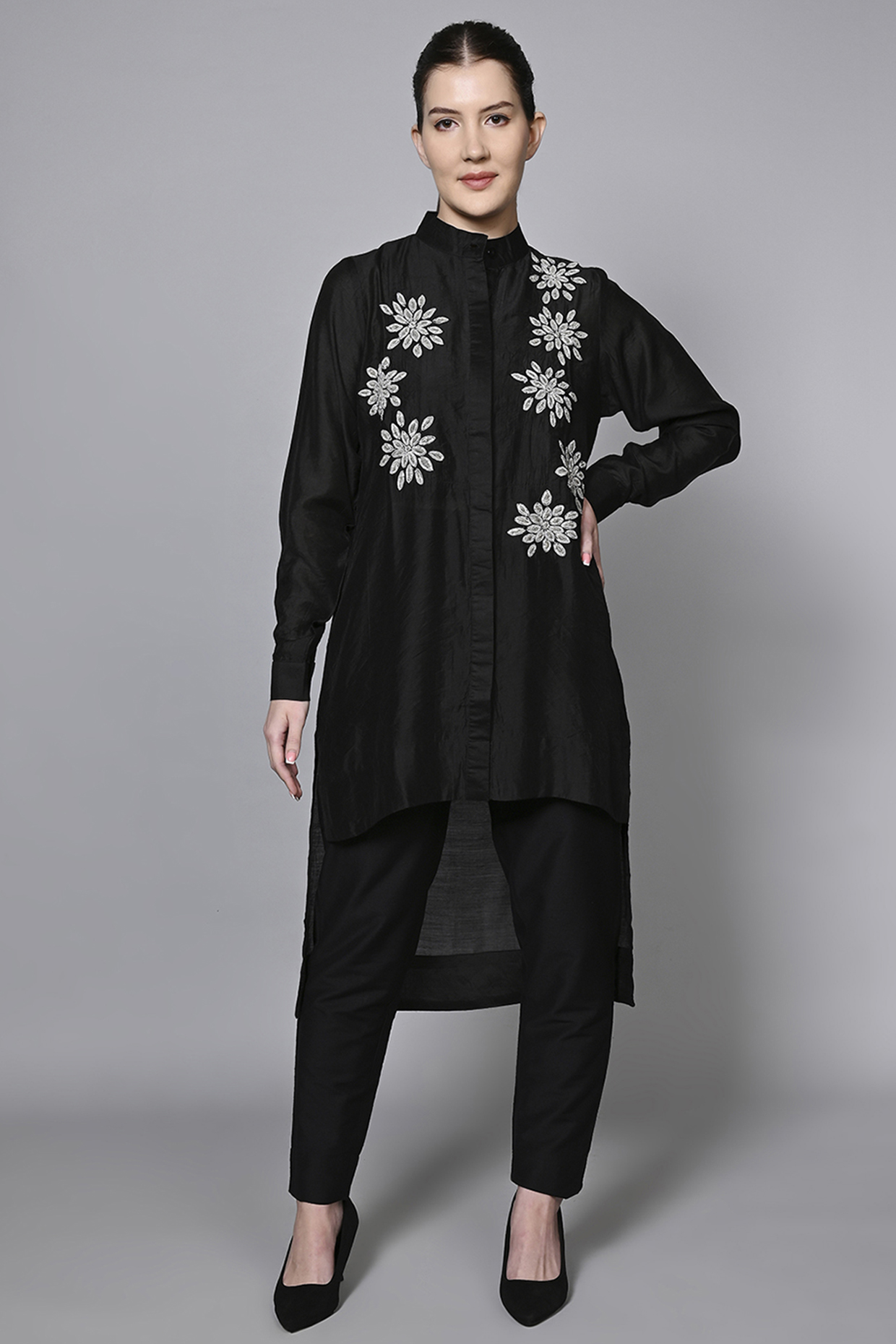Black Chanderi Silk & Polyester Patchwork Embroidered Tunic Set by House of MANAA at Pernia's Pop Up Shop