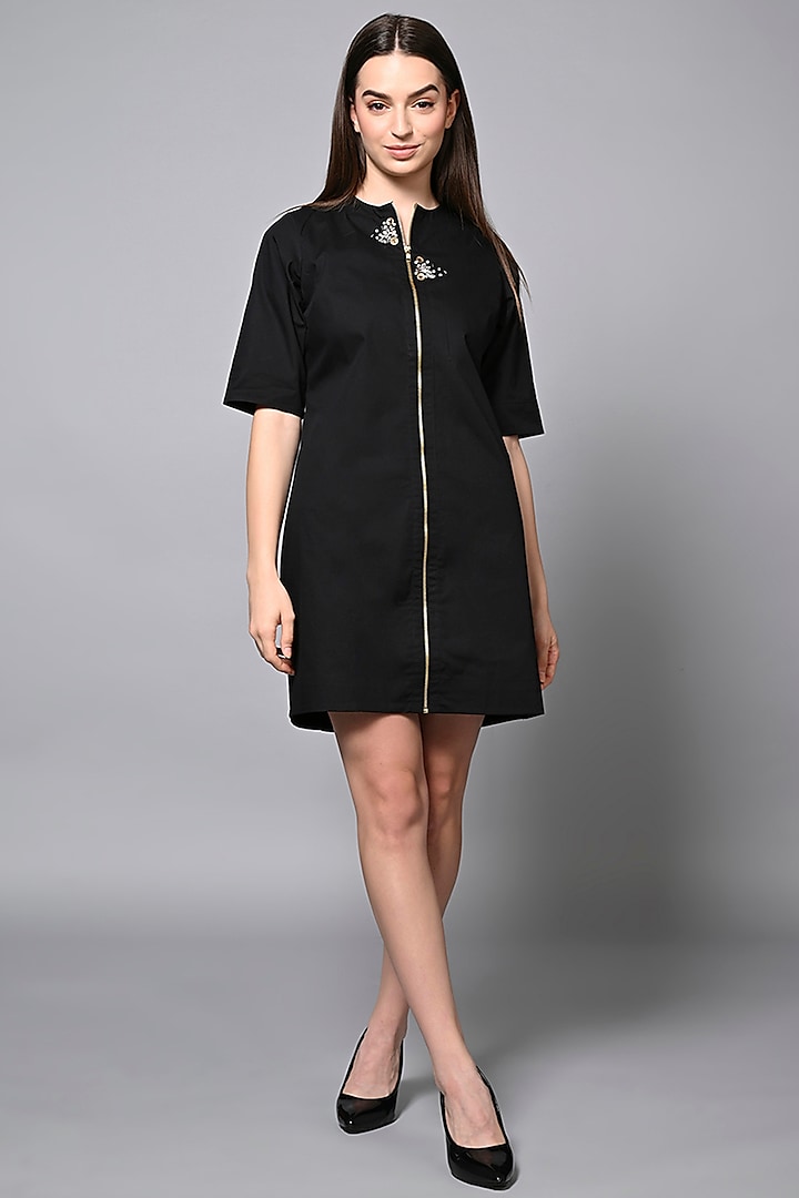 Black Cotton Stone Embroidered Mini Jacket Dress by House of MANAA