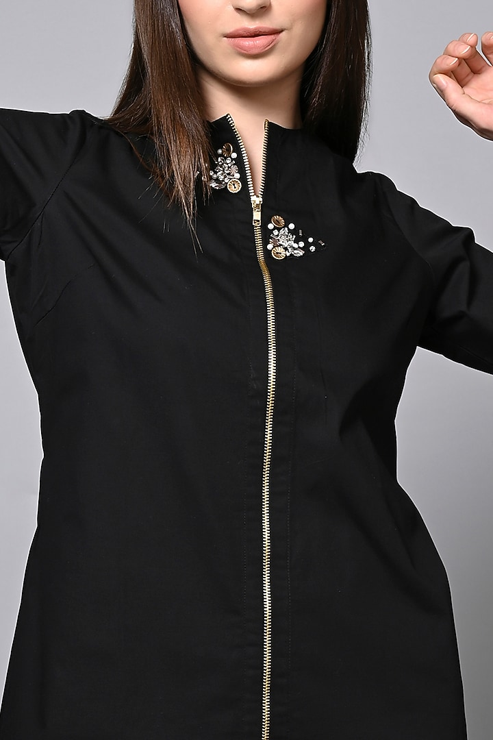 Black Cotton Stone Embroidered Mini Jacket Summer Dress by House of MANAA at Pernia's Pop Up Shop