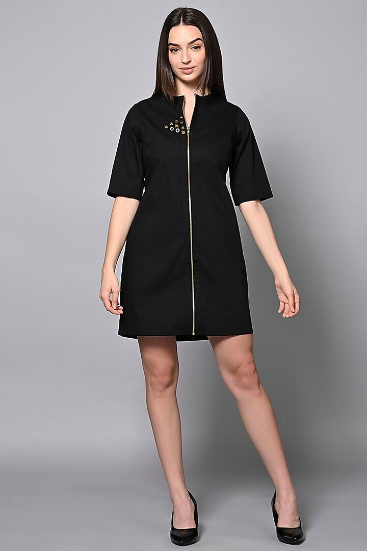 Black Cotton Hand Embroidered Mini Jacket Dress by House of MANAA