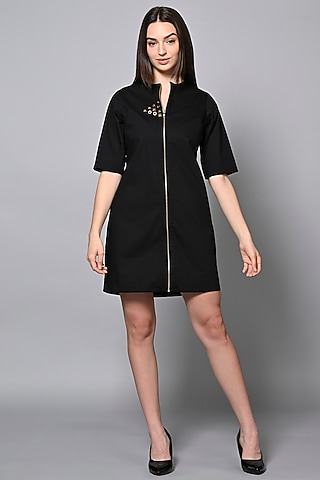 Black Cotton Hand Embroidered Mini Jacket Dress by House of MANAA