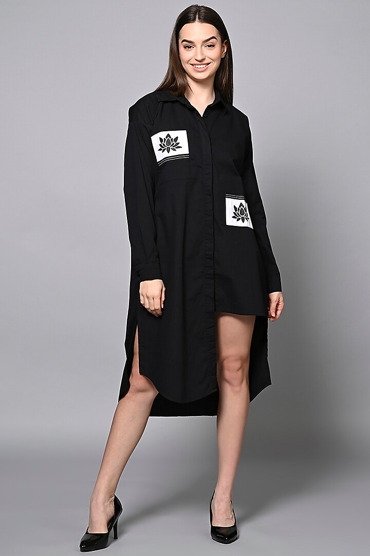 Black Cotton Hand-Painted Mini Shirt Dress by House of MANAA