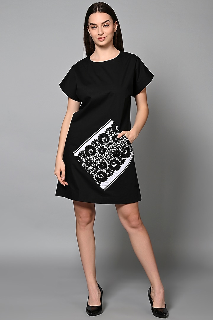 Black Cotton Cutwork Embroidered Mini Shift Dress by House of MANAA