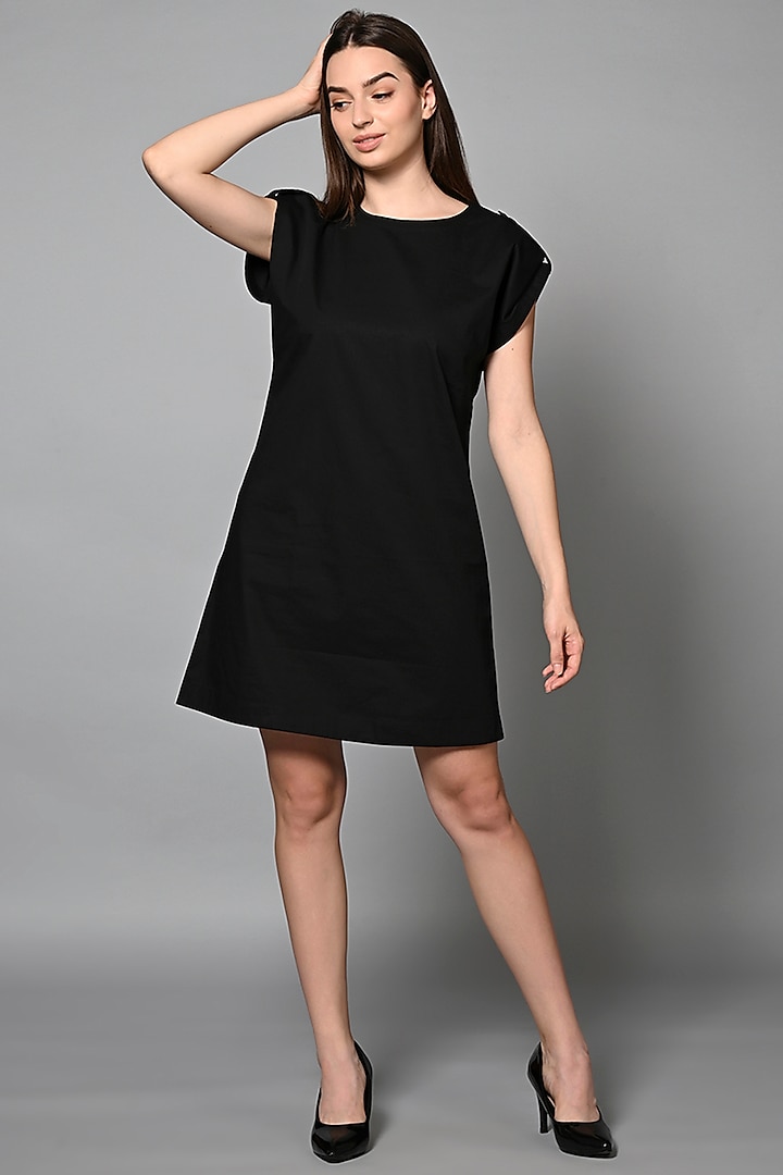 Black Cotton Laced Mini Shift Dress by House of MANAA at Pernia's Pop Up Shop