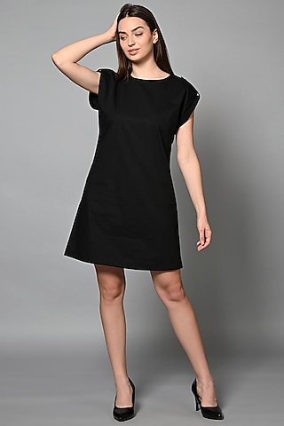 Black Cotton Laced Mini Shift Dress by House of MANAA