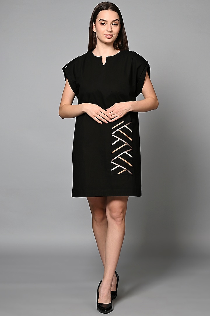 Black Cotton Leather Accent Mini Shift Dress by House of MANAA