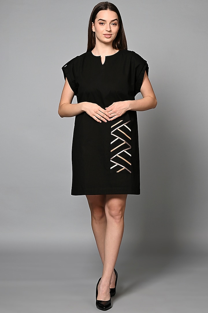 Black Cotton Leather Accent Mini Shift Summer Dress by House of MANAA at Pernia's Pop Up Shop