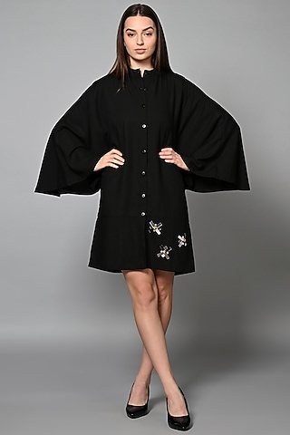 Black Viscose Rayon Stone Hand Embroidered Mini Dress by House of MANAA