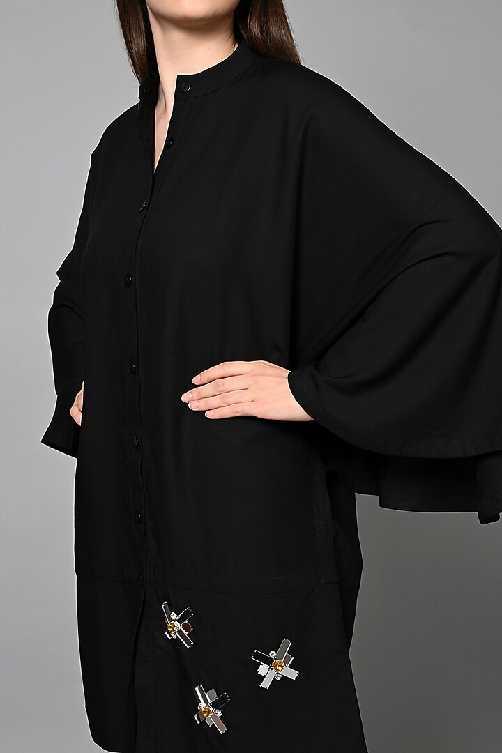 Black Viscose Rayon Stone Hand Embroidered Mini Summer Dress by House of MANAA at Pernia's Pop Up Shop