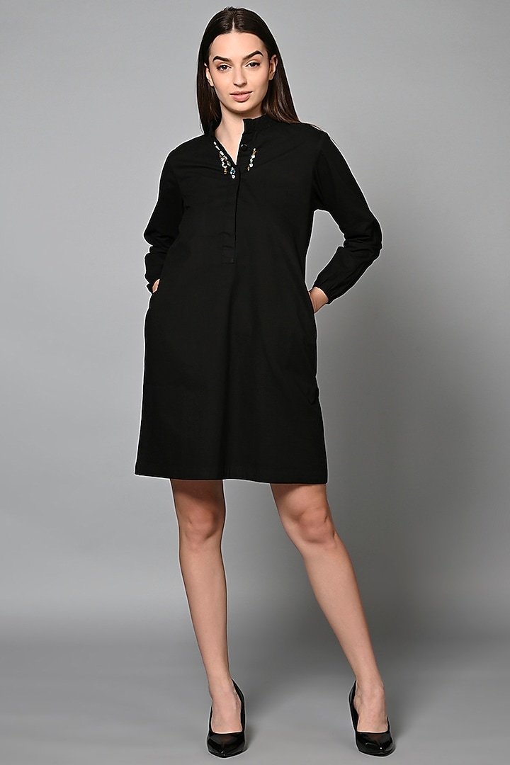 Black Cotton Stone Hand Embroidered Mini Shirt Dress by House of MANAA