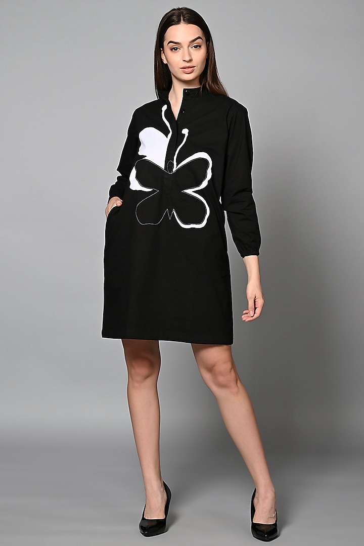Black Cotton Butterfly Patch Mini Shirt Dress by House of MANAA