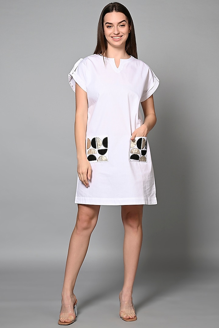 White Cotton Polka Mini Shirt Dress by House of MANAA