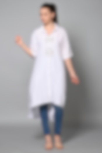 White Viscose Rayon Hand Embroidered Long Shirt by House of MANAA at Pernia's Pop Up Shop