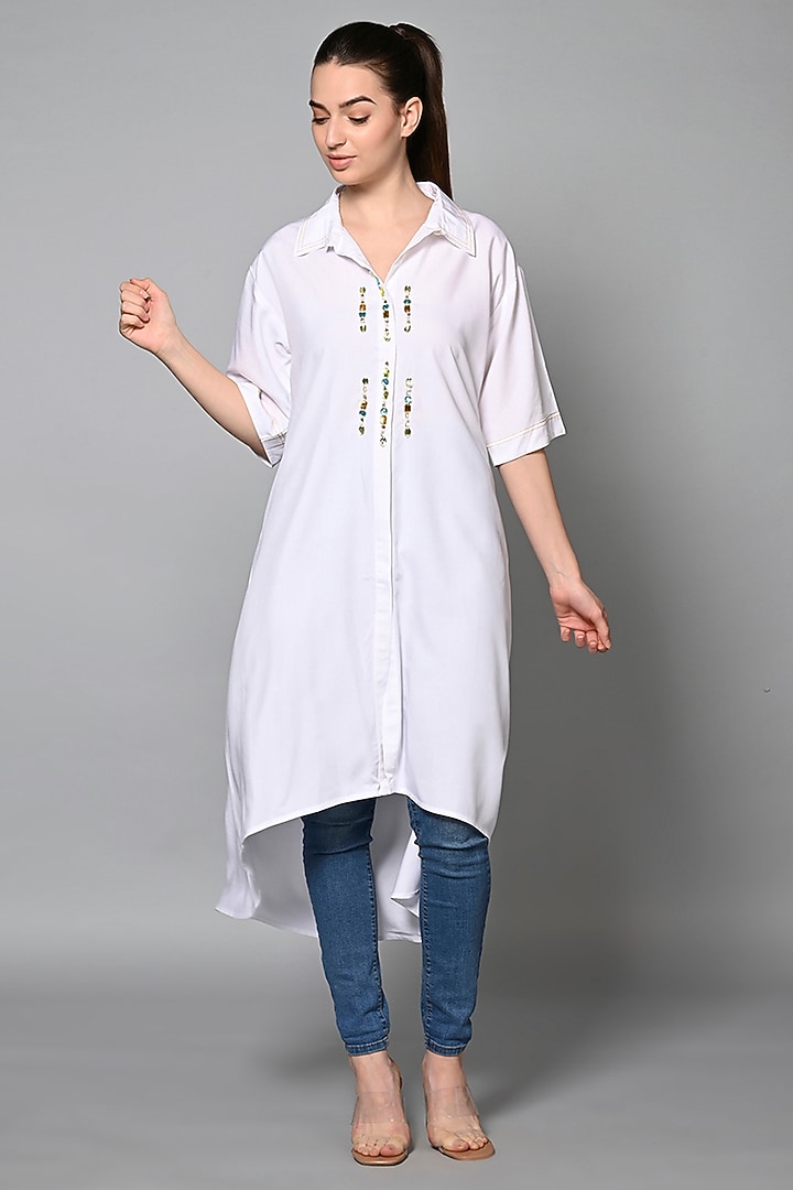 White Viscose Rayon Hand Embroidered Long Shirt by House of MANAA at Pernia's Pop Up Shop