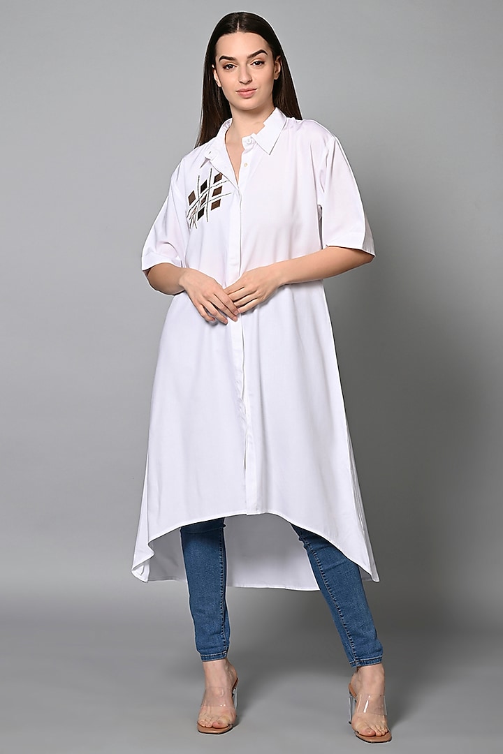 White Viscose Rayon Gota Embroidered Long Shirt by House of MANAA