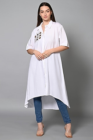 White Viscose Rayon Gota Embroidered Long Shirt by House of MANAA