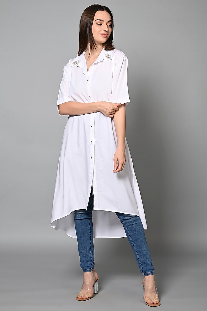 White Viscose Rayon Hand Embroidered Long Shirt by House of MANAA at Pernia's Pop Up Shop