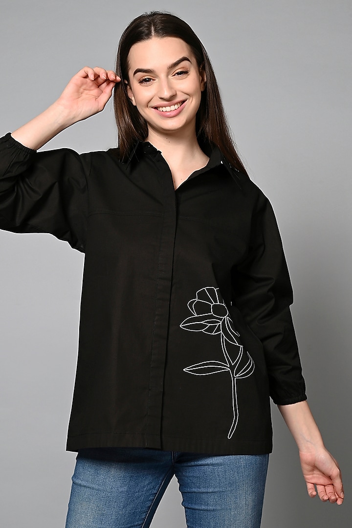 Black Cotton Floral Embroidered Shirt by House of MANAA at Pernia's Pop Up Shop