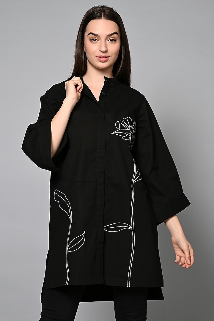 Black Cotton Floral Embroidered Shirt by House of MANAA at Pernia's Pop Up Shop