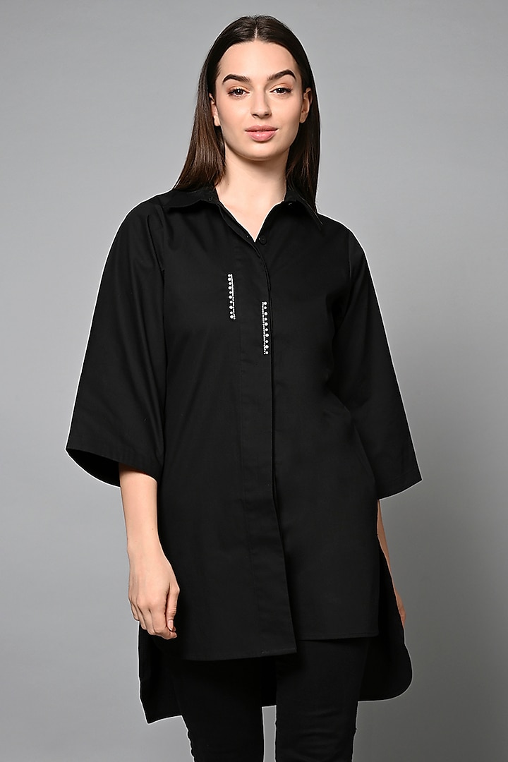 Black Cotton Hand Embroidered Shirt by House of MANAA at Pernia's Pop Up Shop