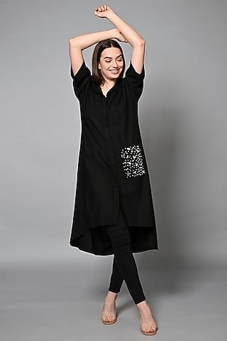 Black Viscose Rayon Hand Embroidered Long Shirt by House of MANAA
