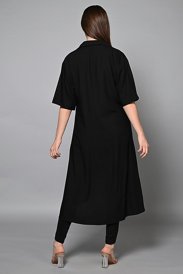 Black Viscose Rayon Hand Embroidered Long Shirt by House of MANAA at Pernia's Pop Up Shop