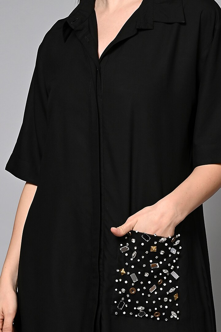 Black Viscose Rayon Hand Embroidered Long Shirt by House of MANAA at Pernia's Pop Up Shop