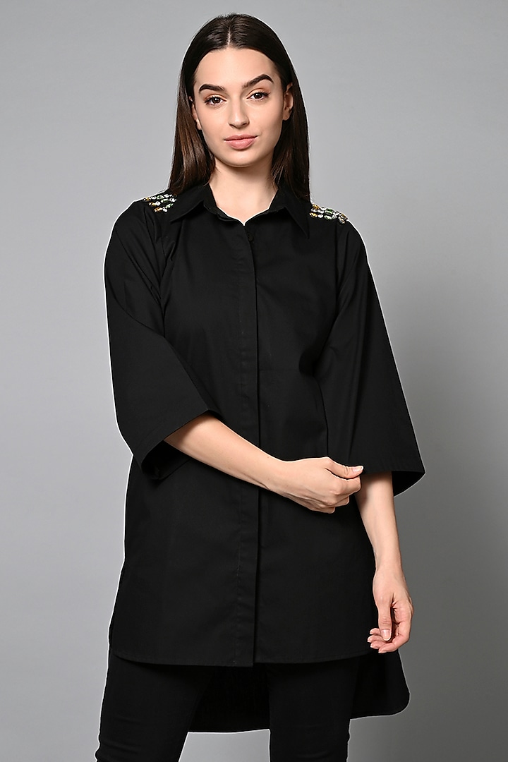 Black Cotton Hand Embroidered Shirt by House of MANAA