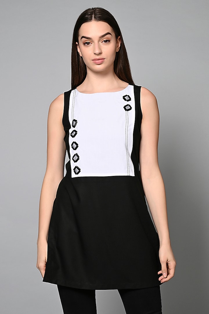 Black & White Viscose Rayon Hand Embroidered Tunic by House of MANAA at Pernia's Pop Up Shop