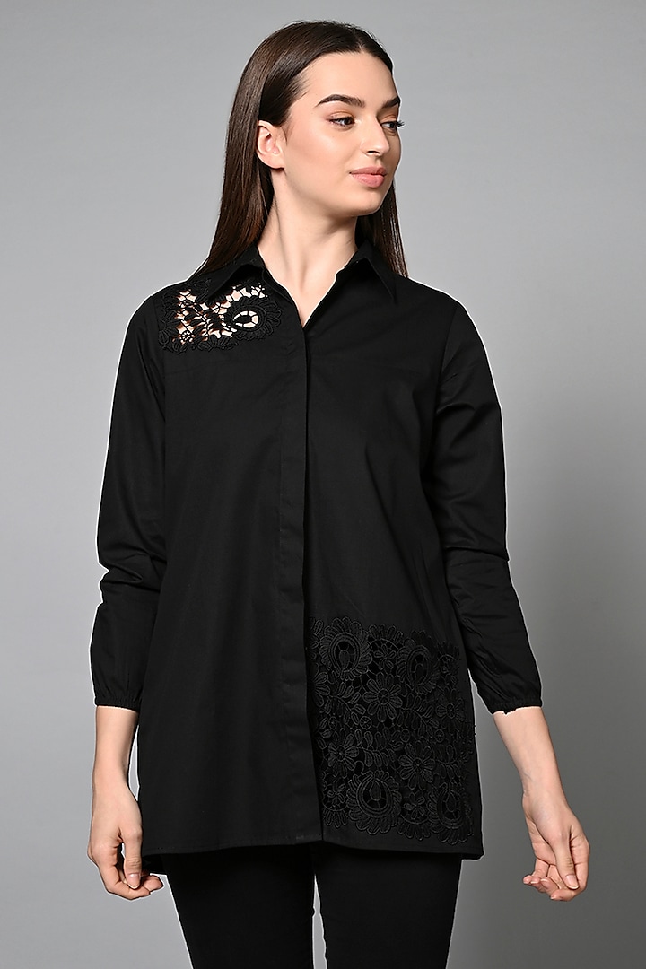 Black Cotton Cutwork Embroidered Shirt by House of MANAA