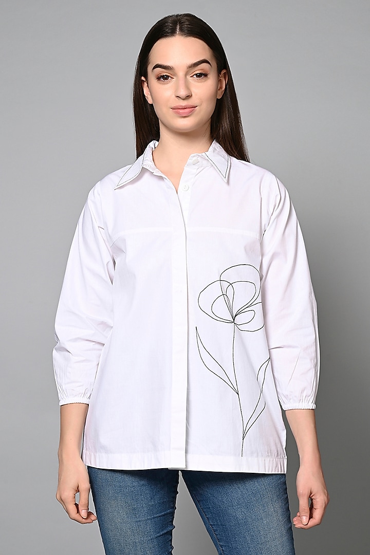 White Cotton Floral Embroidered Shirt by House of MANAA