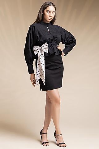 Black Cotton Mini Skirt Set by House of MANAA
