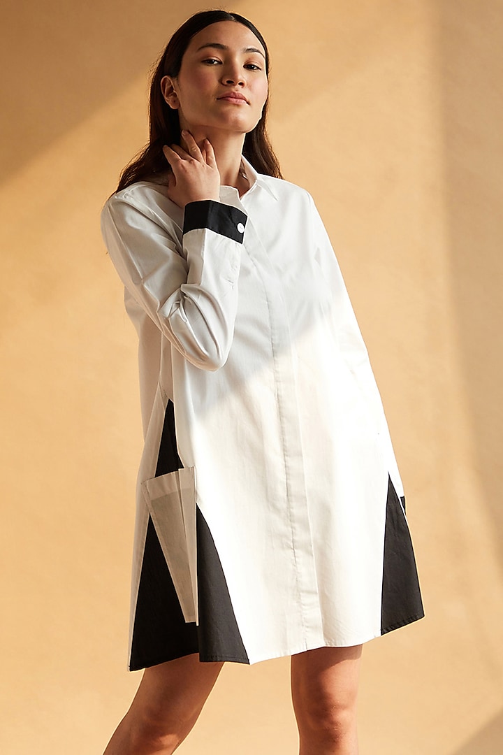 White & Black Cotton A-line Shirt Dress by House of MANAA
