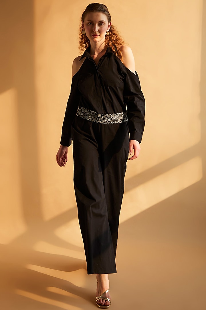 Black Cotton Jumpsuit With Belt by House of MANAA