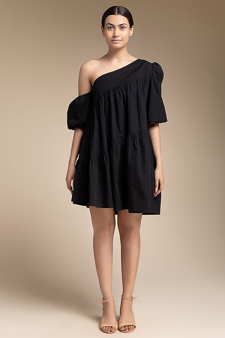 Black Cotton One-Shoulder Knee Length Dress by House of MANAA