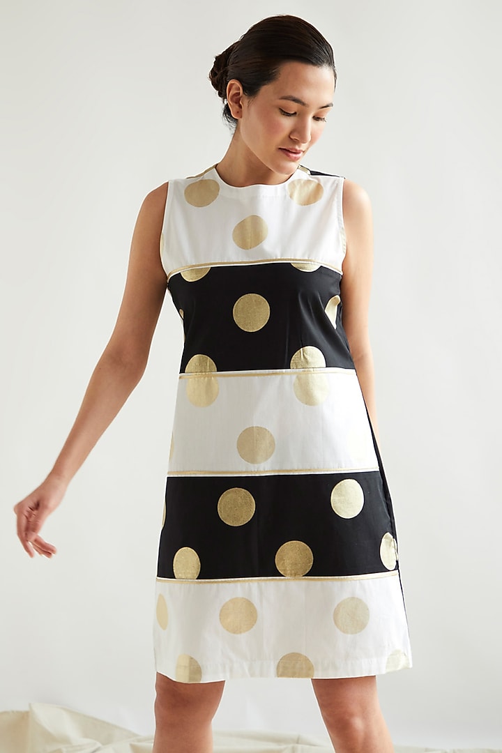 White & Black Cotton Knee Length Summer Dress by House of MANAA at Pernia's Pop Up Shop