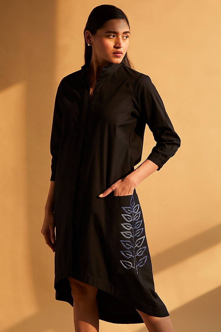 Black Cotton Embroidered Shirt Dress by House of MANAA