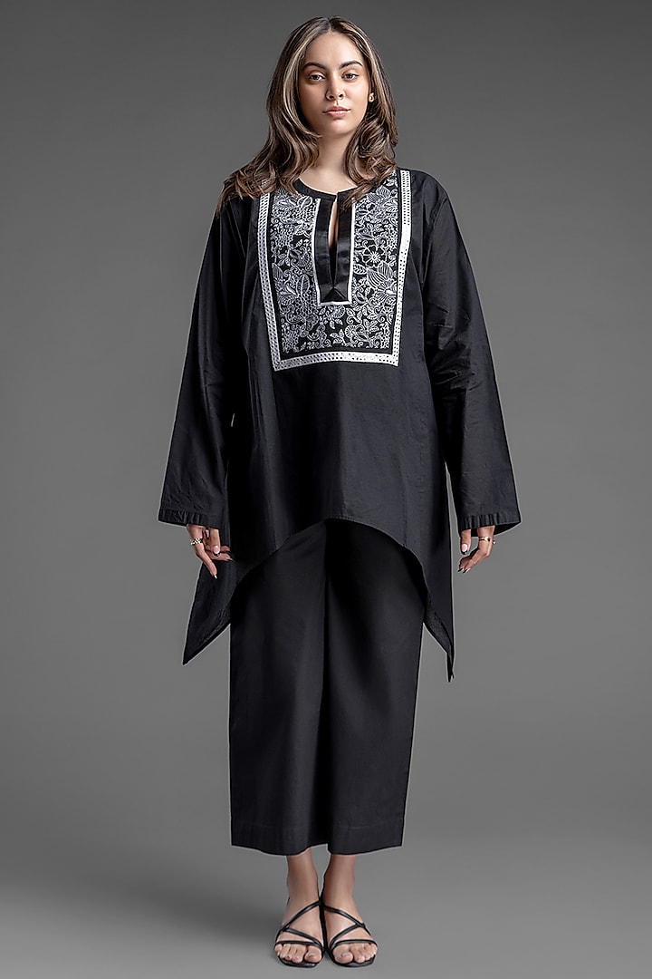 Black Cotton Embroidered Kaftan Set by House of MANAA