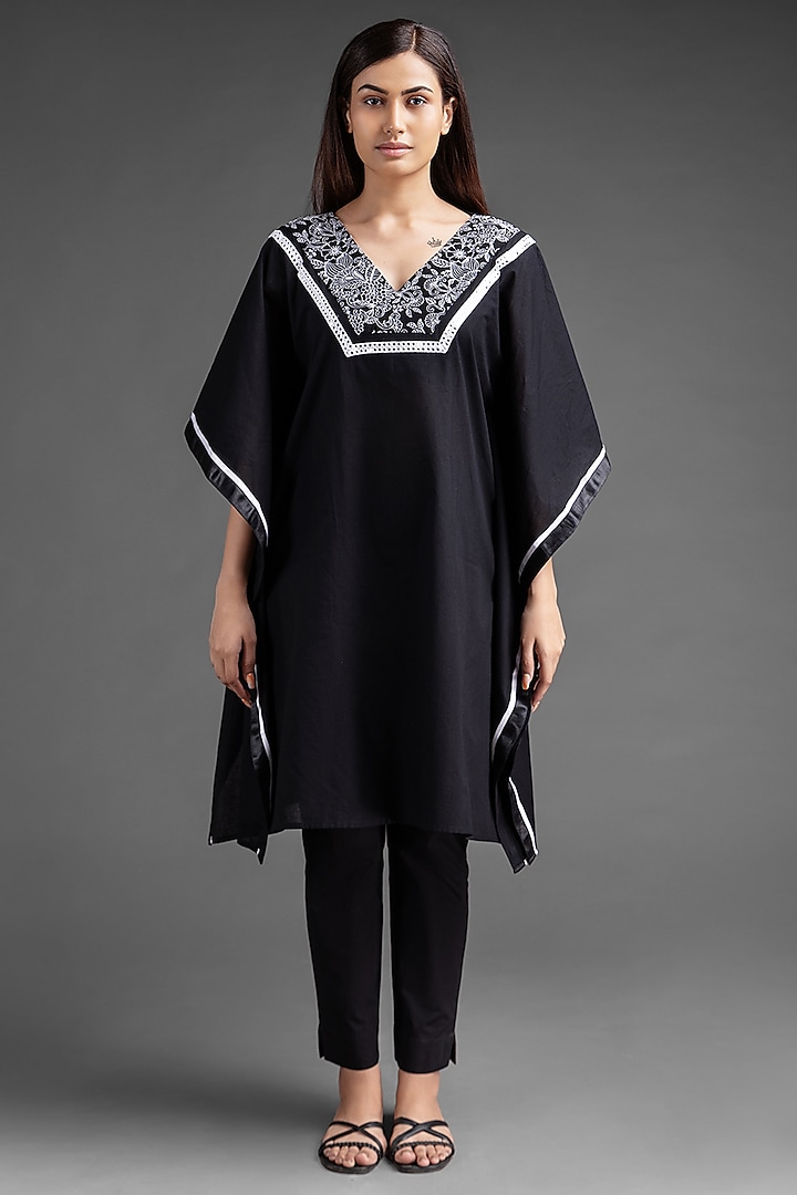 Black Cotton Embroidered Kaftan Set by House of MANAA