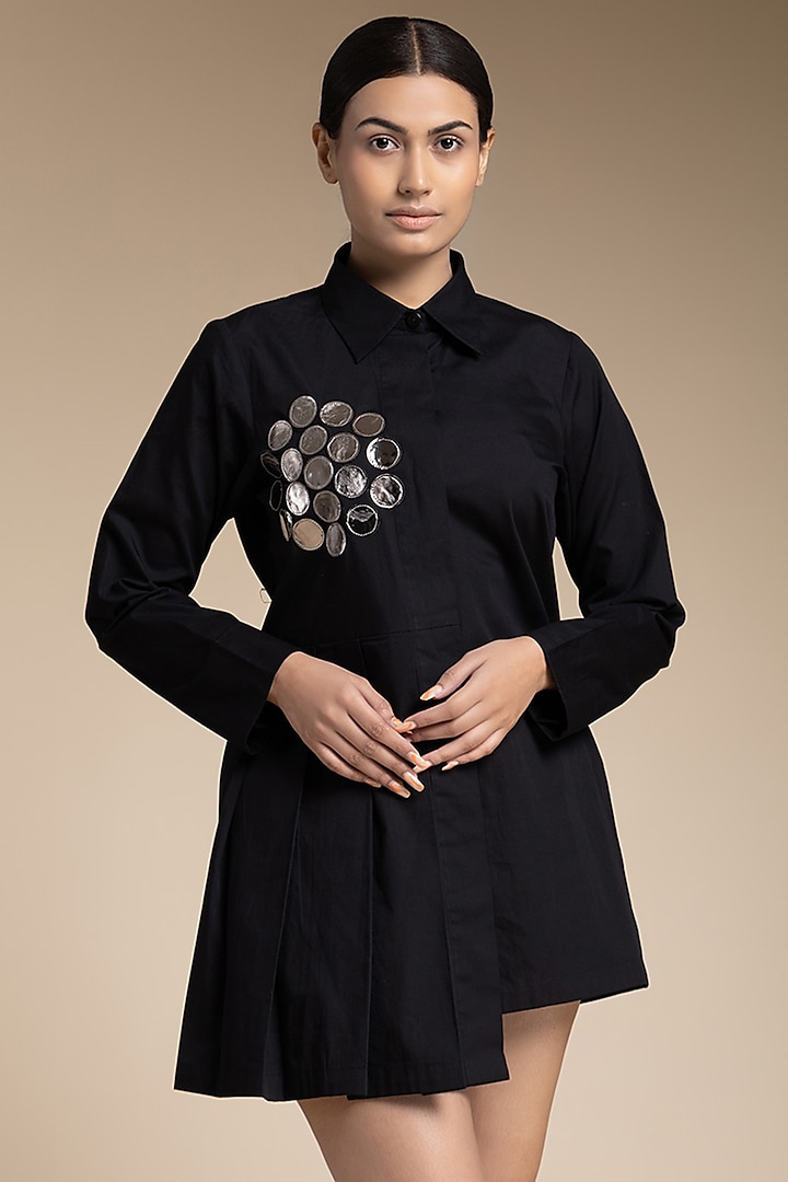 Black Cotton Asymmetrical Shirt Dress  by House of MANAA