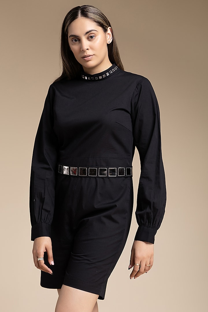Black Cotton Playsuit With Belt by House of MANAA