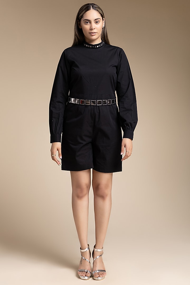 Black Cotton Playsuit With Belt by House of MANAA at Pernia's Pop Up Shop