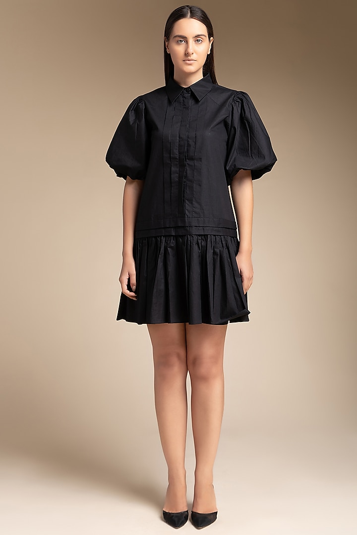 Black Cotton Gathered Dress by House of MANAA