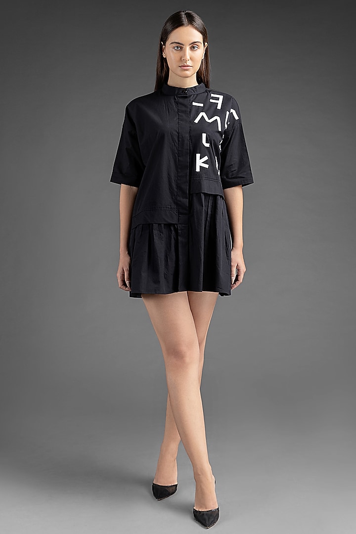 Black Cotton Pleated Shirt Dress by House of MANAA