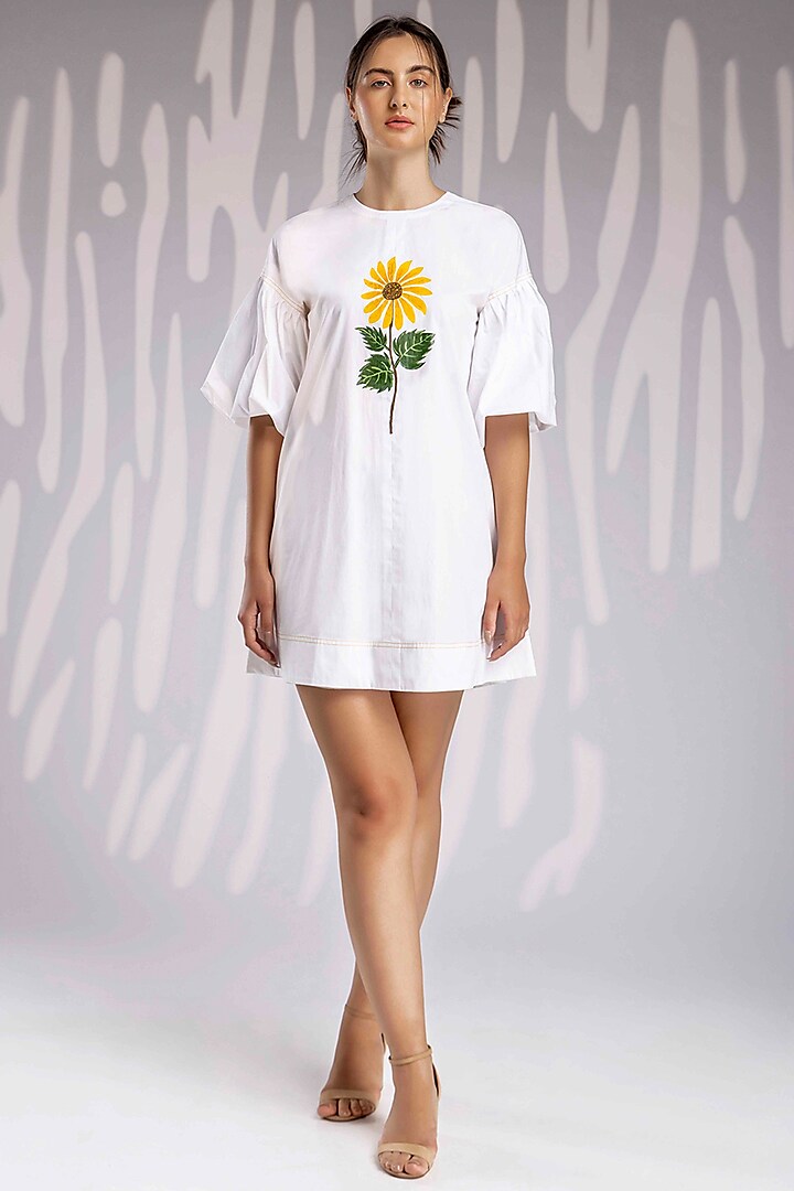 White Cotton Hand Painted Shift Dress by House of MANAA