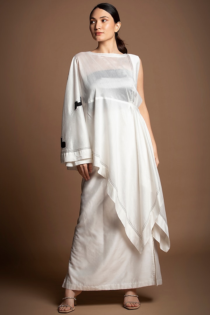 White Chanderi Silk Skirt Set by House of MANAA
