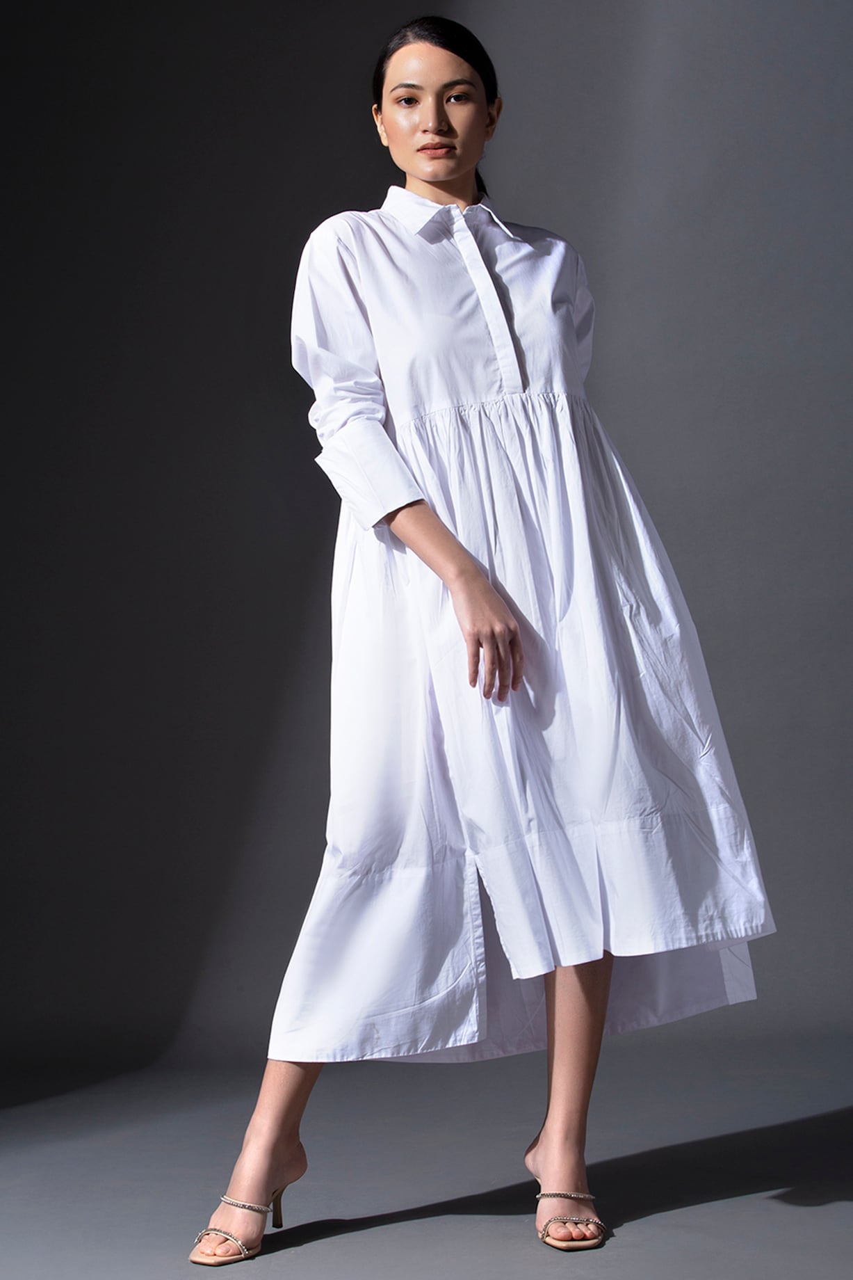 White Pure Cotton Midi-Length Gathered Dress Design by House of