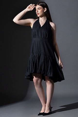 Black Pure Cotton Knee-Length Gathered Dress by House of MANAA