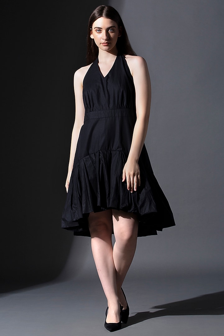 Black Pure Cotton Knee-Length Gathered Summer Dress by House of MANAA at Pernia's Pop Up Shop