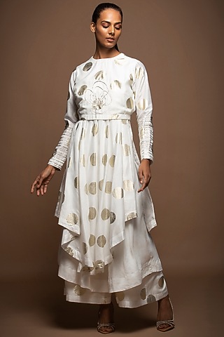 White Silk Chanderi Polka Jacket Set by House of MANAA